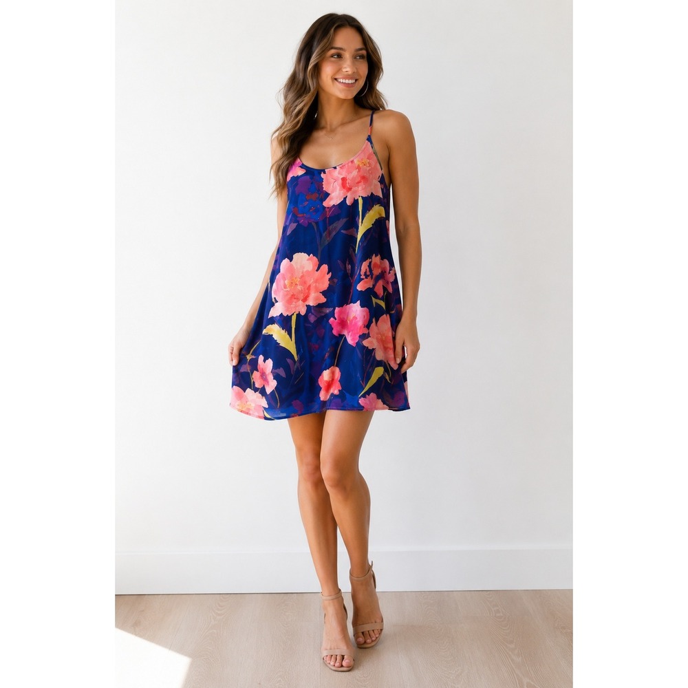Everly Blue Pink Floral Mini Shift Dress Spaghetti Strap Racerback DR4054‎ Small